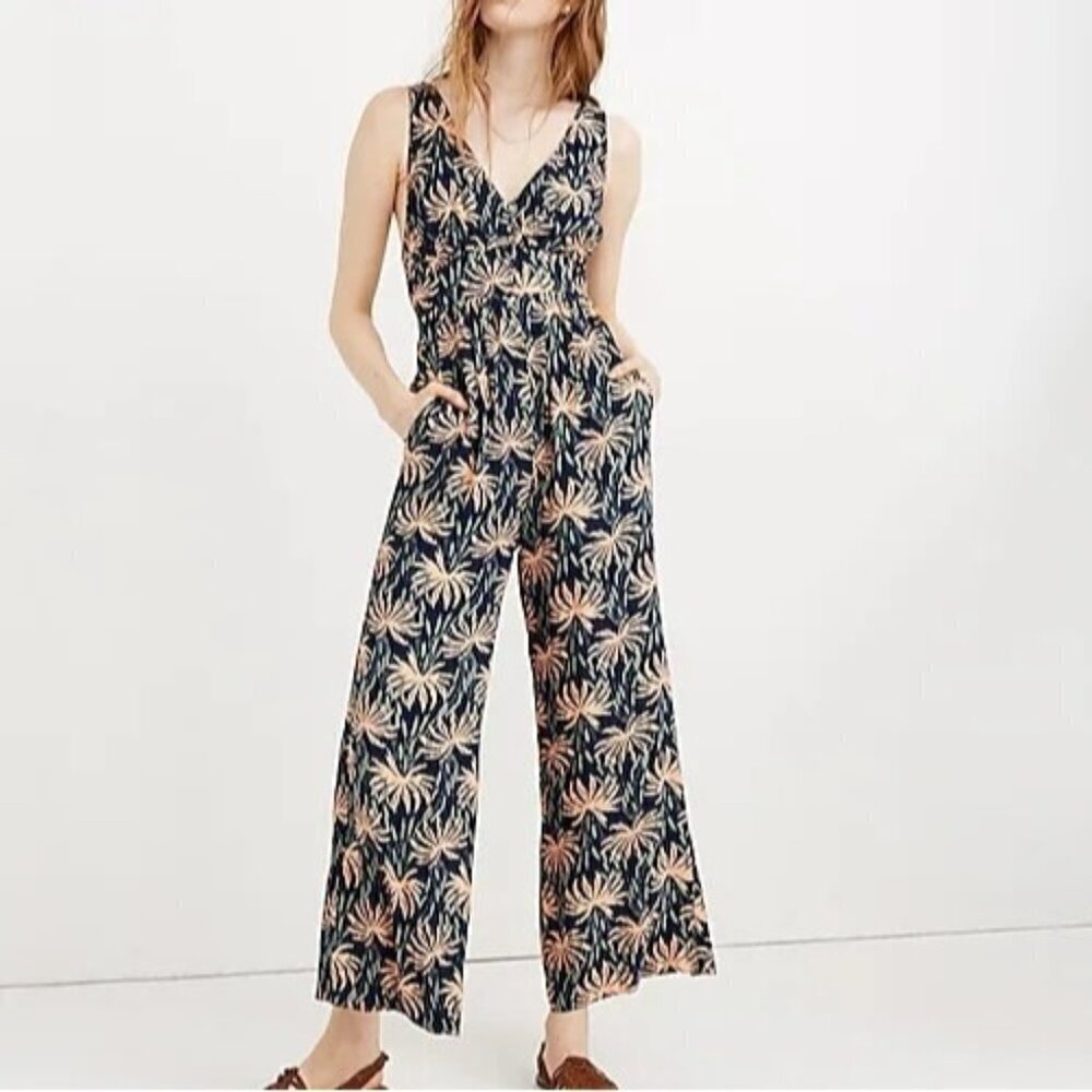 Madewell Navy Palm-Print Sleeveless V-Neck Jumpsuit